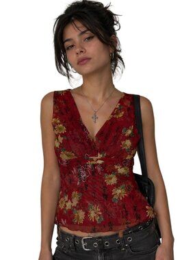Y2K Charlotte Russe Micro Mesh Red Sheer Floral Sleeveless Blouse Medium